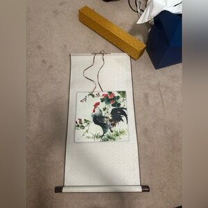 Chinese scroll painting/embroidery depicting a rooster amidst flowers